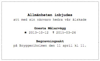 Begravning av Gnesta Målarvägg lördagen den 11 april kl. 11